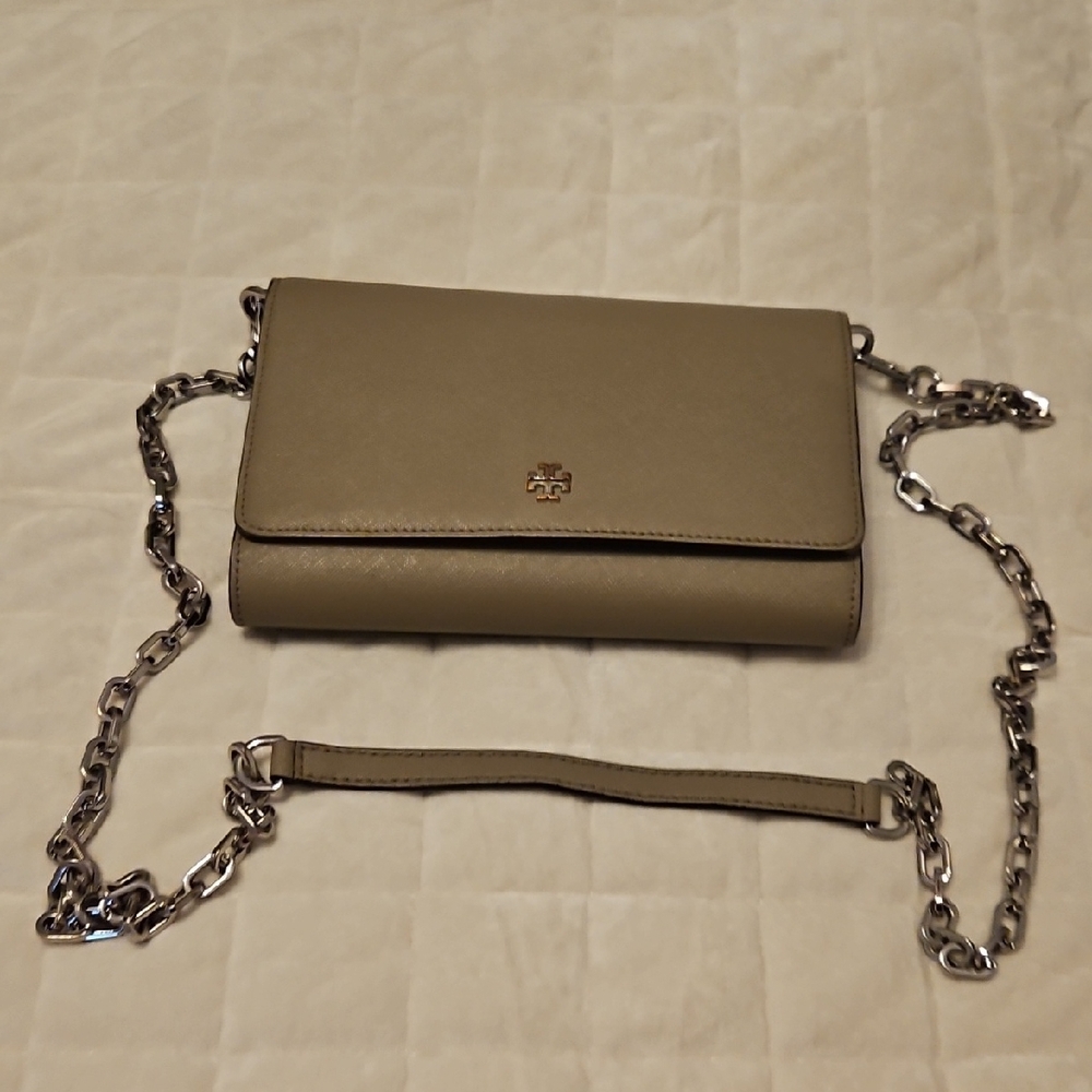 Tory Burch Gray Small Crossbody Bag with Silver Chain Strap
